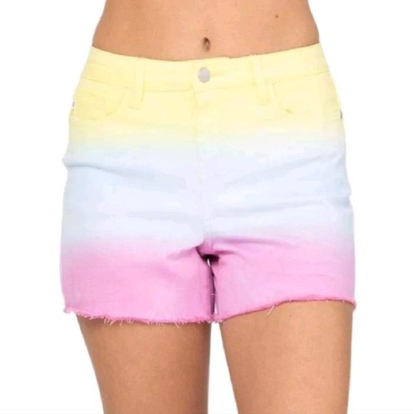 Judy Blue Pastel Ombre Rainbow Raw Hem Shorts Size M - Picture 2 of 13